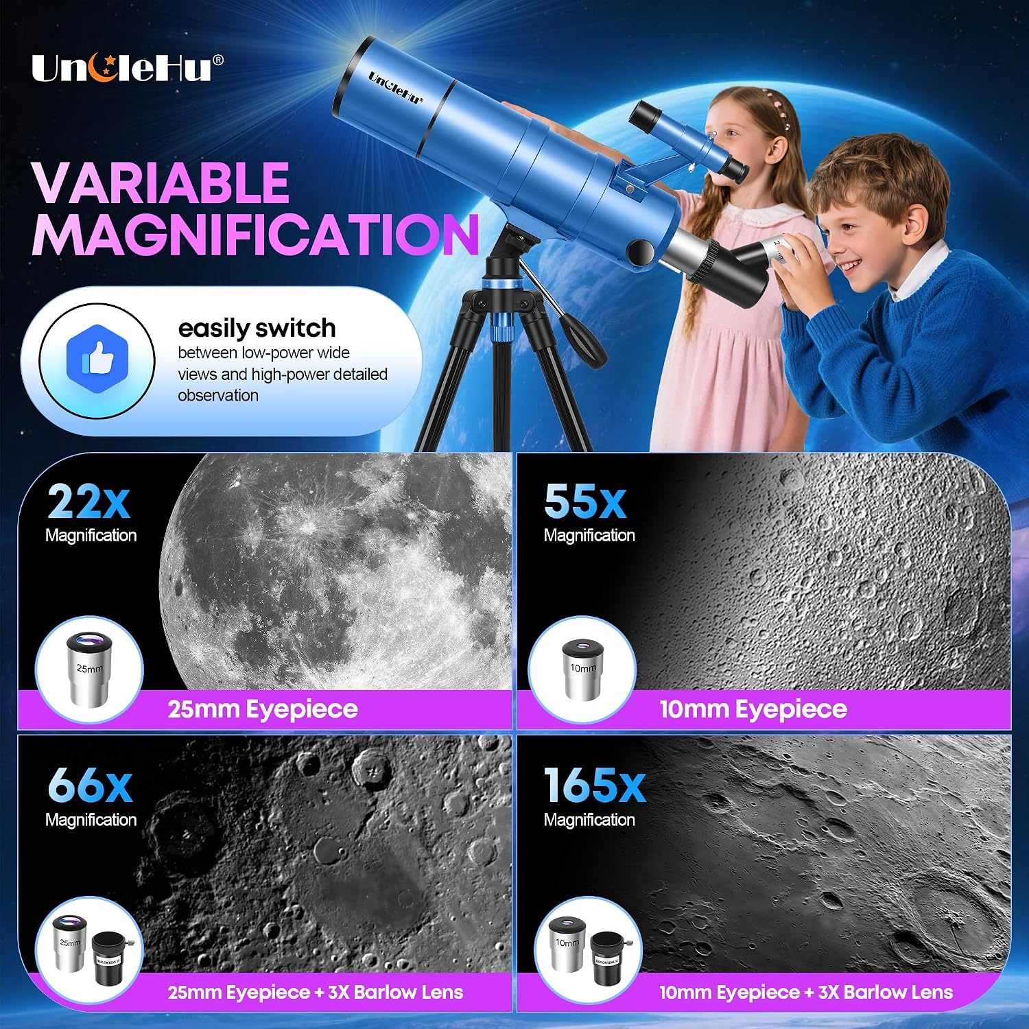 Telescoop voor astronomie volwassenen en kinderen, beginners, 22 x 165 x, 90 mm opening 550 mm, astronomische refractortelescoop met klapkruk, statief, mobiele telefoonhouder en draagtas, telescoop