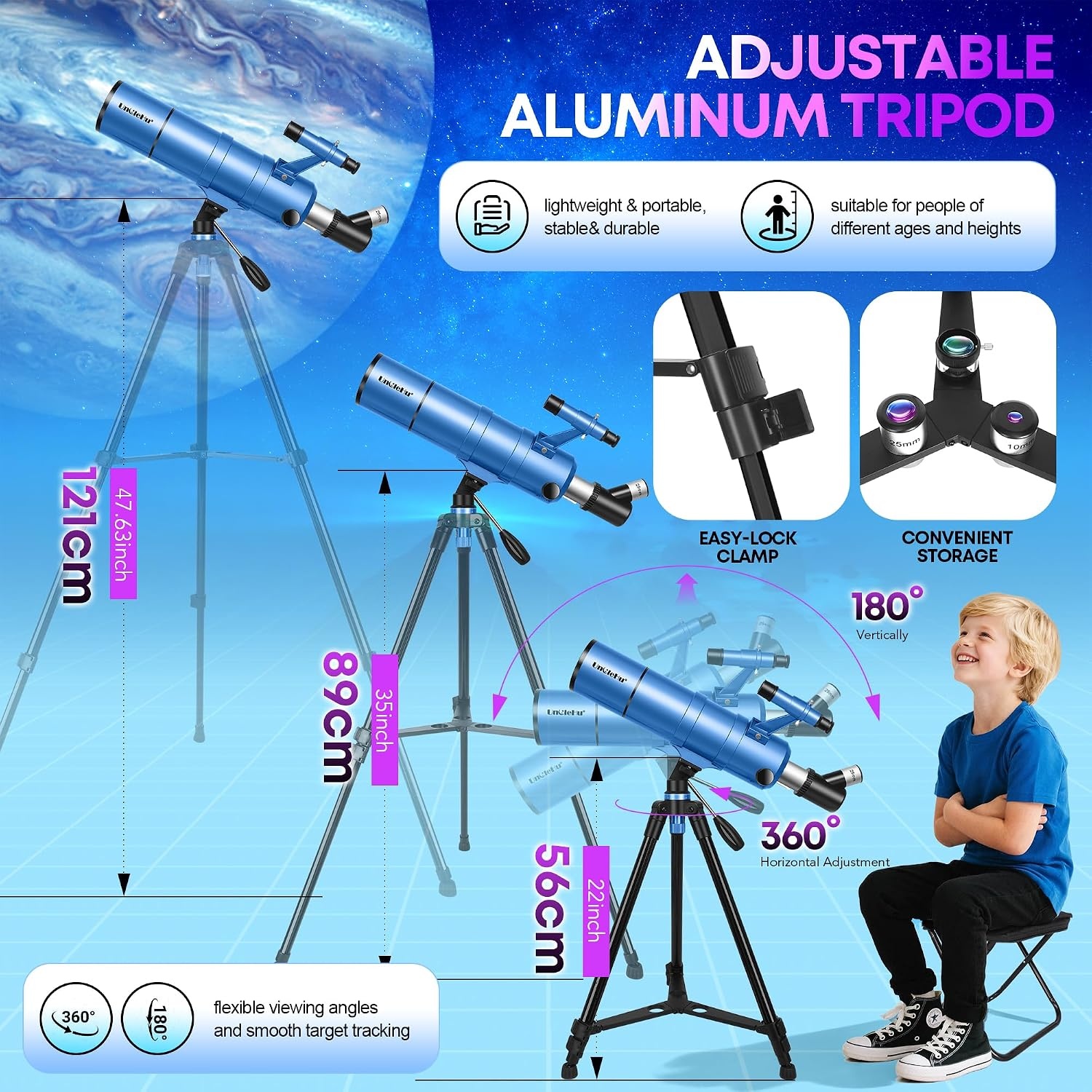 Telescoop voor astronomie volwassenen en kinderen, beginners, 22 x 165 x, 90 mm opening 550 mm, astronomische refractortelescoop met klapkruk, statief, mobiele telefoonhouder en draagtas, telescoop