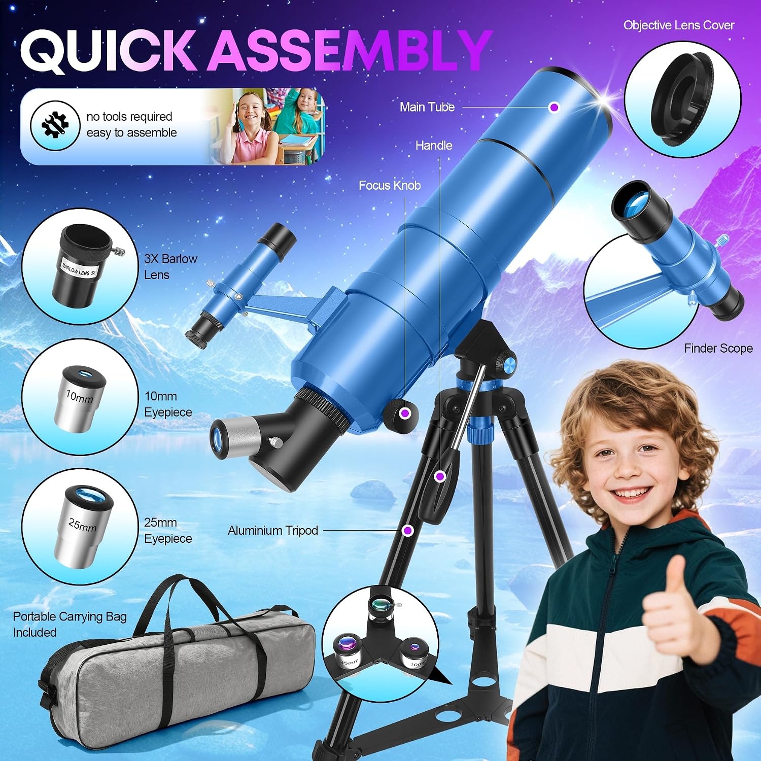 Telescoop voor astronomie volwassenen en kinderen, beginners, 22 x 165 x, 90 mm opening 550 mm, astronomische refractortelescoop met klapkruk, statief, mobiele telefoonhouder en draagtas, telescoop