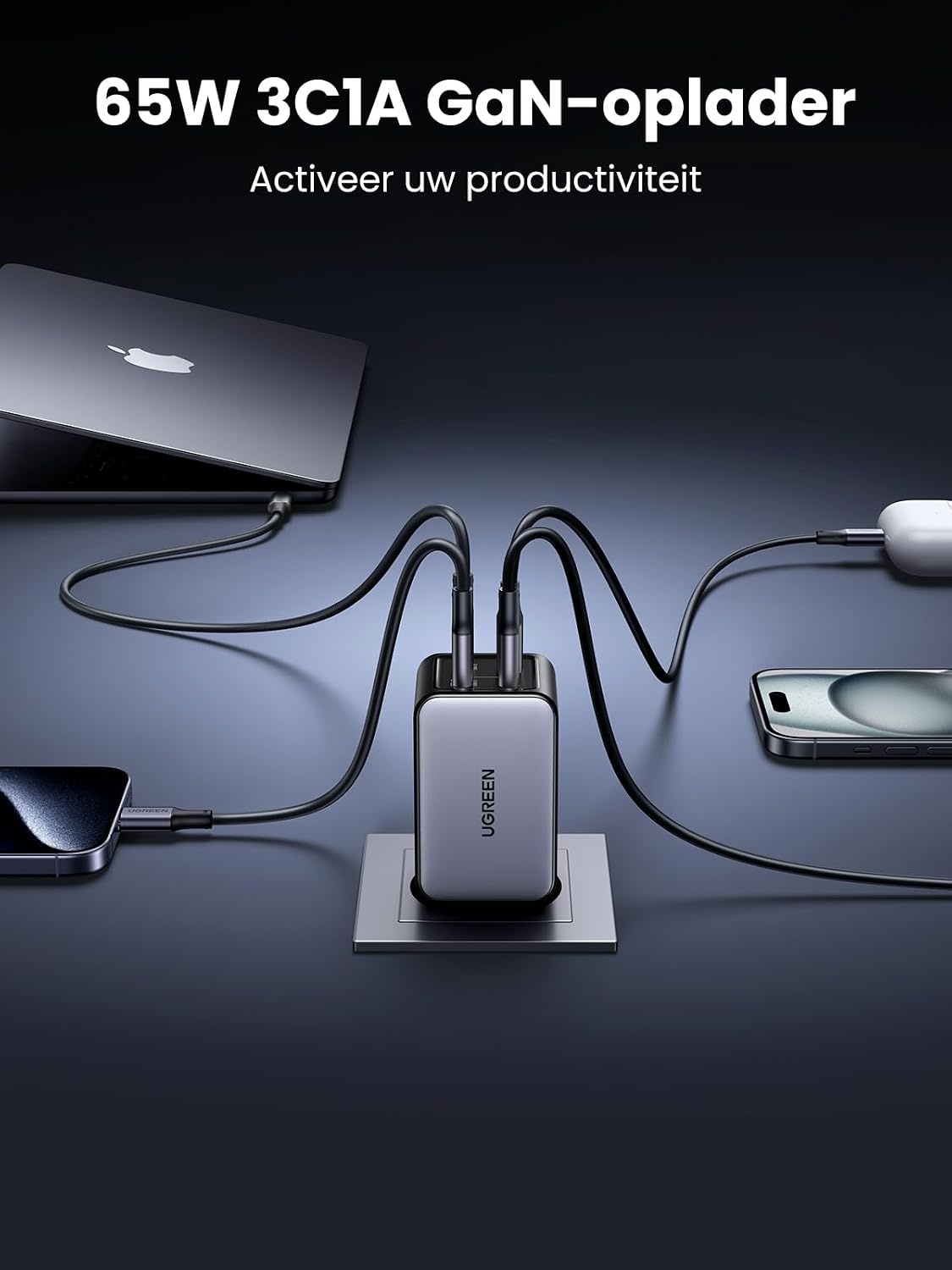 UGREEN Nexode 65W USB C-Charger 4-poorts GaN-lader Meerdere snelladers PD-oplader ondersteunt PPS 45W Compatibel met MacBook Pro/Air, HP Laptop, iPad Pro, iPhone-serie, Galaxy S24