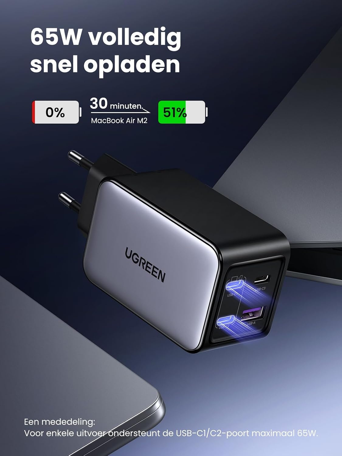UGREEN Nexode 65W USB C-Charger 4-poorts GaN-lader Meerdere snelladers PD-oplader ondersteunt PPS 45W Compatibel met MacBook Pro/Air, HP Laptop, iPad Pro, iPhone-serie, Galaxy S24