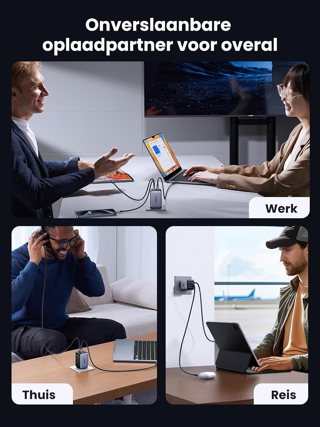 UGREEN Nexode 65W USB C-Charger 4-poorts GaN-lader Meerdere snelladers PD-oplader ondersteunt PPS 45W Compatibel met MacBook Pro/Air, HP Laptop, iPad Pro, iPhone-serie, Galaxy S24