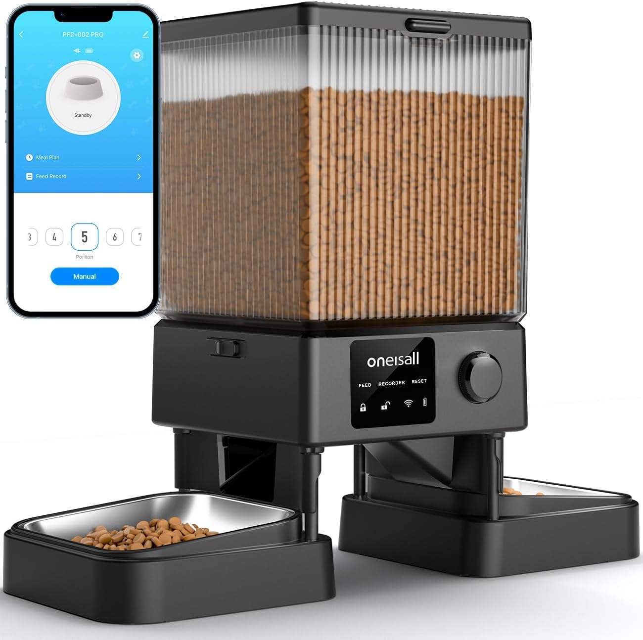 oneisall 5 liter voederautomaat voor katten, 2 bakken, 5 G/2,4 G Wifi, intelligente kattenvoerautomaat, eenvoudige bediening met app-bediening, voerverdeler voor katten/honden, met 2 roestvrijstalen
