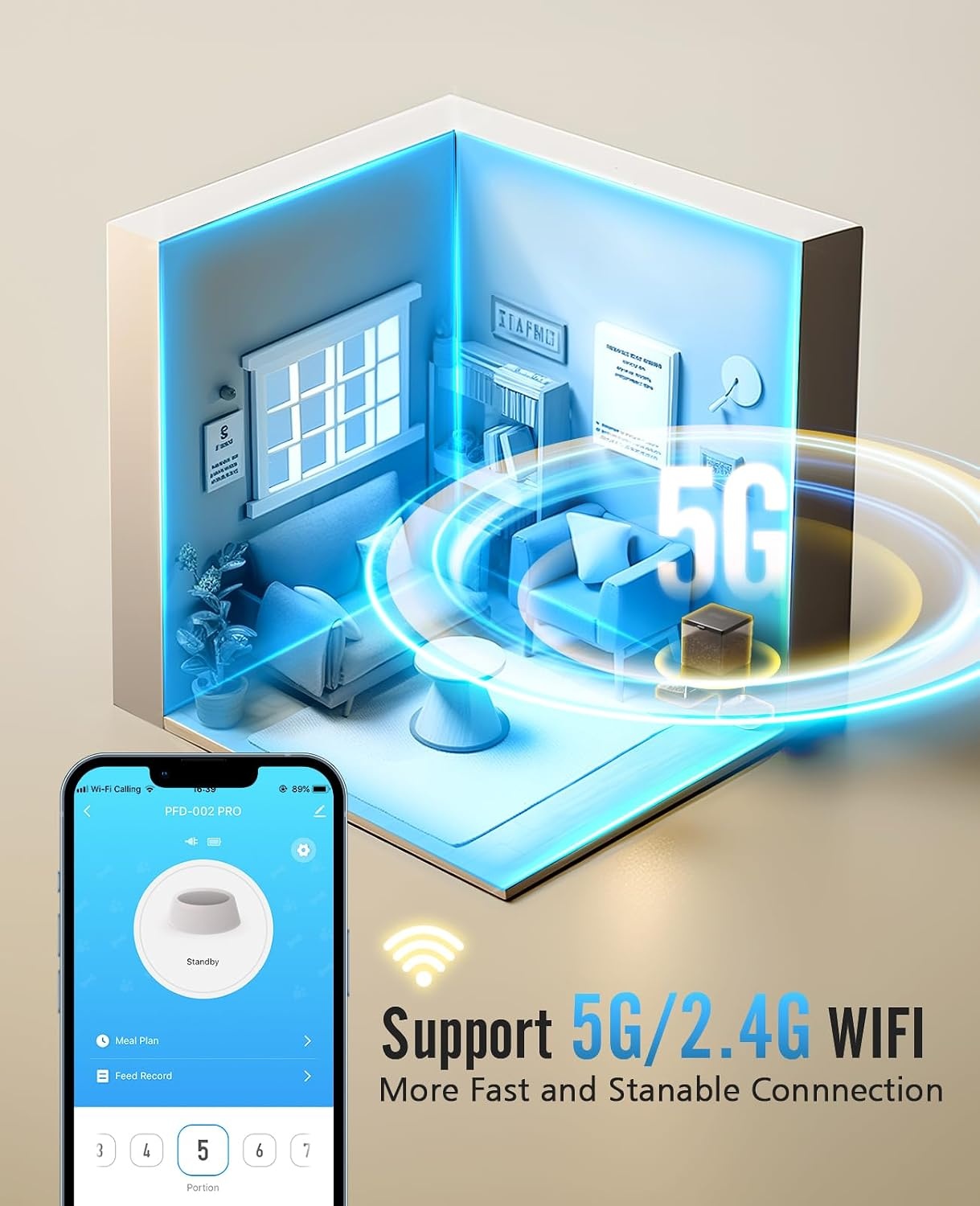 oneisall 5 liter voederautomaat voor katten, 2 bakken, 5 G/2,4 G Wifi, intelligente kattenvoerautomaat, eenvoudige bediening met app-bediening, voerverdeler voor katten/honden, met 2 roestvrijstalen
