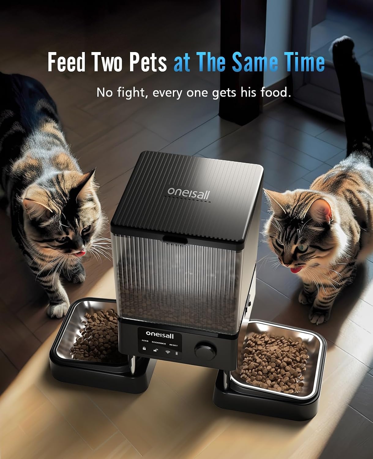 oneisall 5 liter voederautomaat voor katten, 2 bakken, 5 G/2,4 G Wifi, intelligente kattenvoerautomaat, eenvoudige bediening met app-bediening, voerverdeler voor katten/honden, met 2 roestvrijstalen