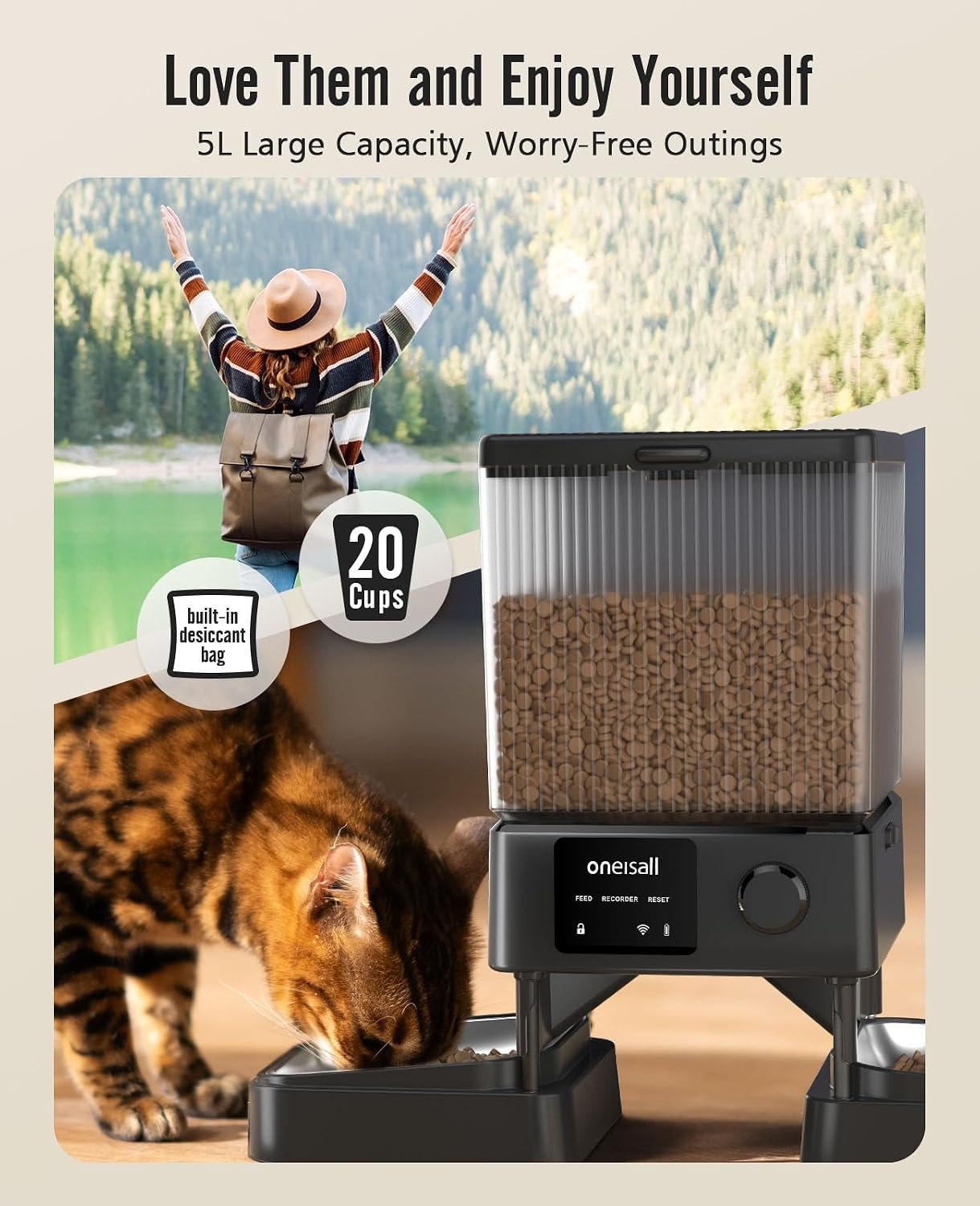 oneisall 5 liter voederautomaat voor katten, 2 bakken, 5 G/2,4 G Wifi, intelligente kattenvoerautomaat, eenvoudige bediening met app-bediening, voerverdeler voor katten/honden, met 2 roestvrijstalen