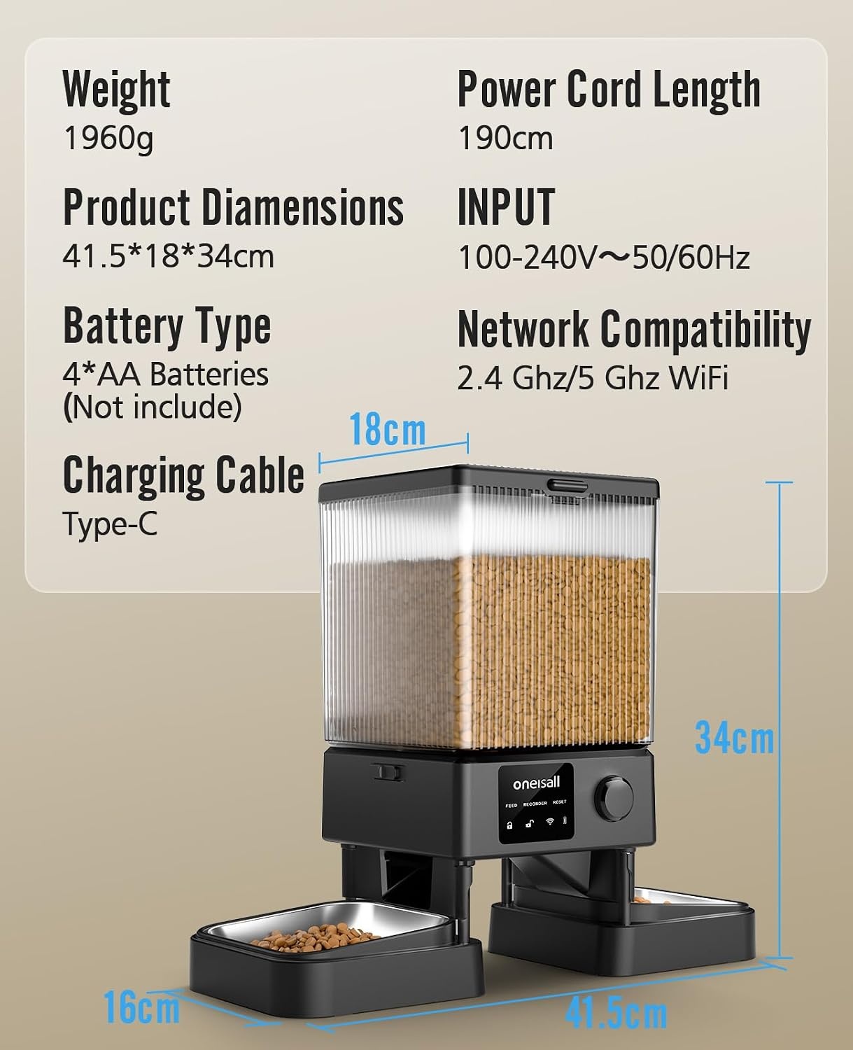 oneisall 5 liter voederautomaat voor katten, 2 bakken, 5 G/2,4 G Wifi, intelligente kattenvoerautomaat, eenvoudige bediening met app-bediening, voerverdeler voor katten/honden, met 2 roestvrijstalen