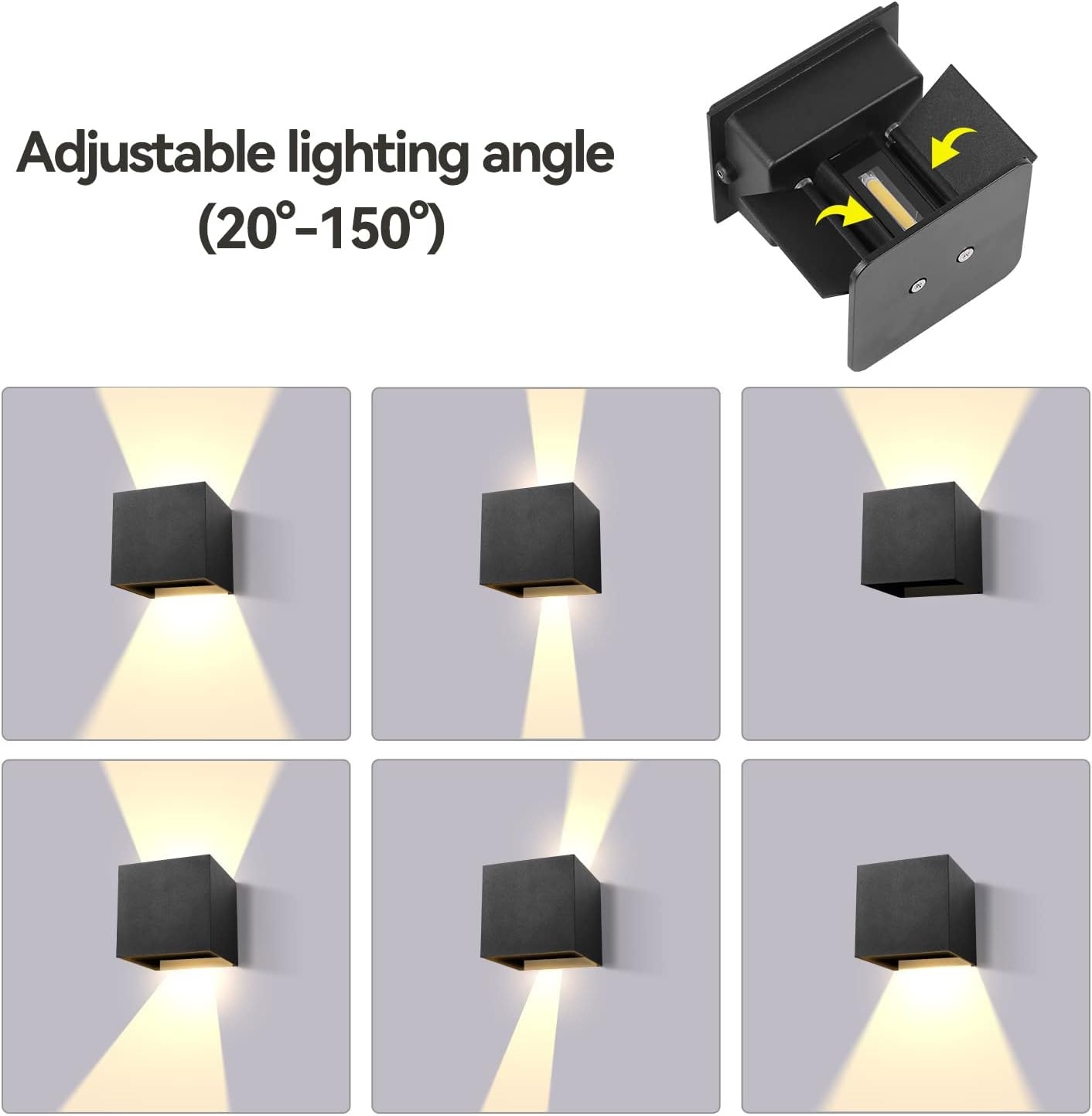 CANMEIJIA Led-wandlamp, voor binnen, 3000 K, 12 W, 4 stuks, IP65, instelbare lichtstraal, voor slaapkamer, woonkamer, tuin, gang, balkon, badkamer, zwart