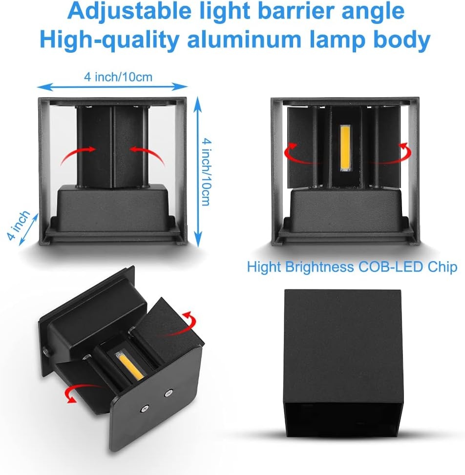 CANMEIJIA Led-wandlamp, voor binnen, 3000 K, 12 W, 4 stuks, IP65, instelbare lichtstraal, voor slaapkamer, woonkamer, tuin, gang, balkon, badkamer, zwart