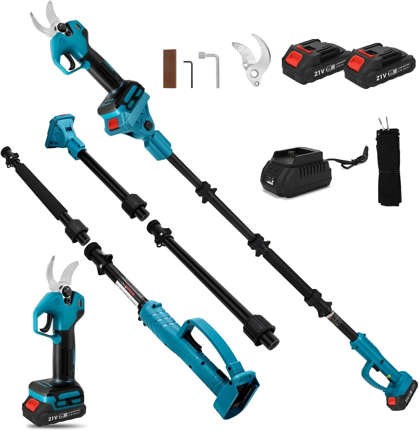 Accutakkenschaar met 2 m telescoopstang en 2 x 1500 m Ah accu, borstelloze elektrische snoeischaar met 2 versnellingen, 30 mm snijdiameter, slijpsteen en reservemesjes - Maat mit 2m Teleskopstange und Akku