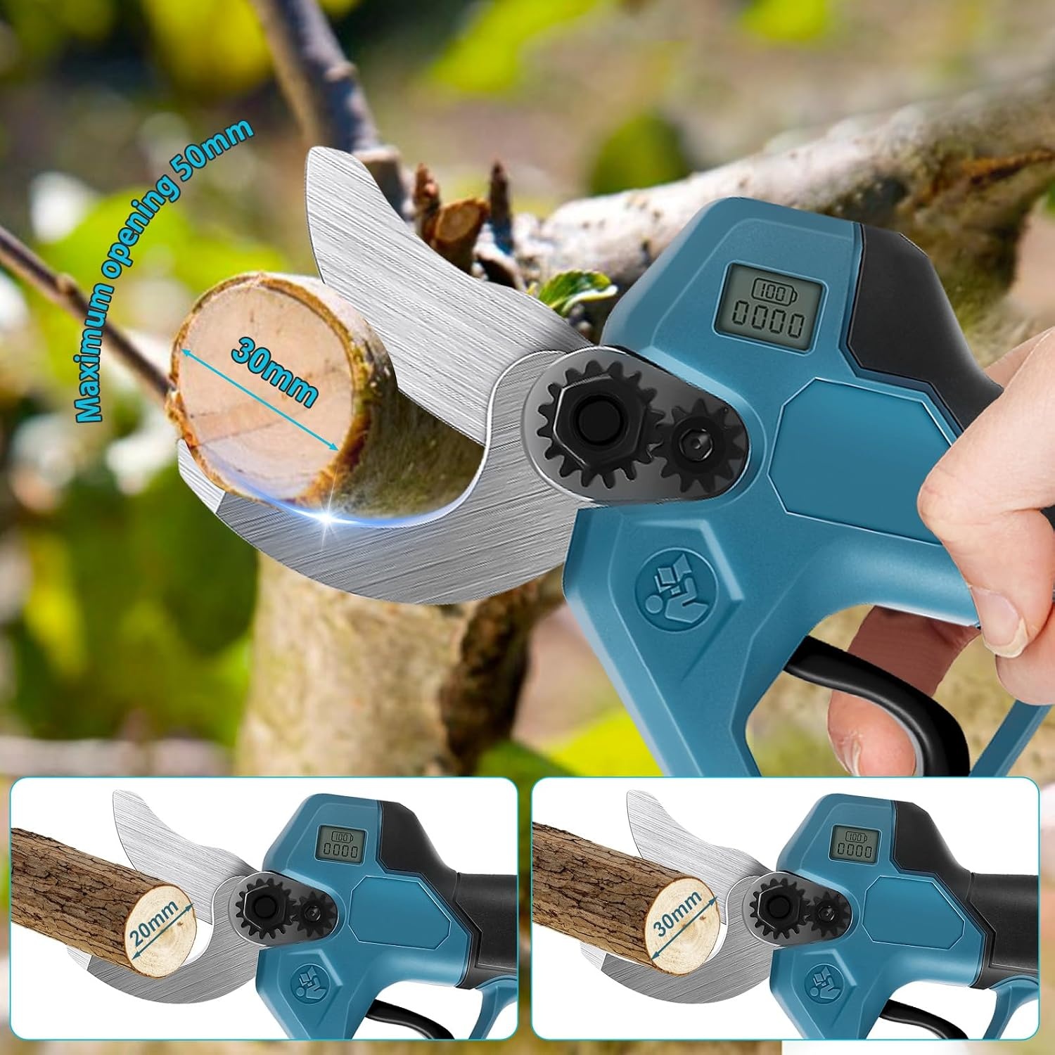Accutakkenschaar met 2 m telescoopstang en 2 x 1500 m Ah accu, borstelloze elektrische snoeischaar met 2 versnellingen, 30 mm snijdiameter, slijpsteen en reservemesjes - Maat mit 2m Teleskopstange und Akku