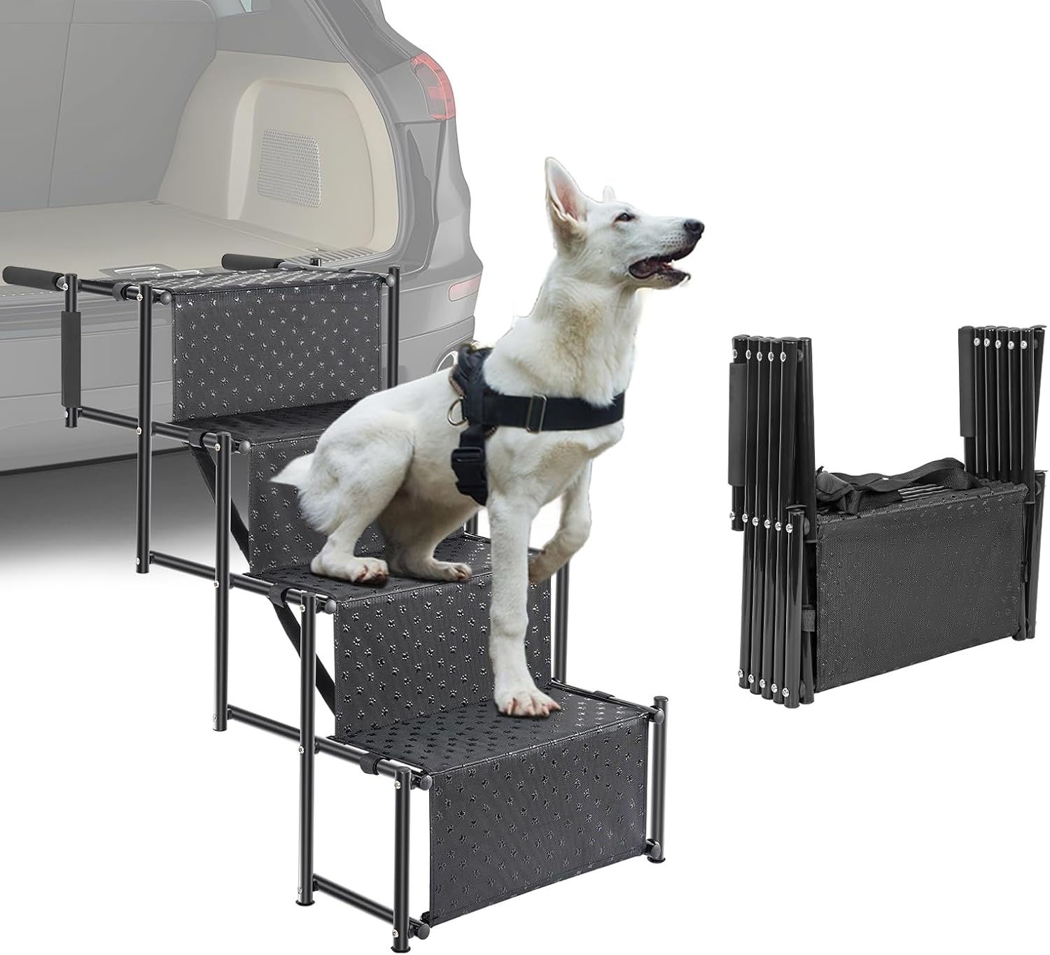 OUUTMEE Hondenautotrap met 4 niveaus, inklapbare hondenhelling met antislip oppervlak, hondentrap voor kleine en grote honden tot 80 kg, voor auto's en SUV's