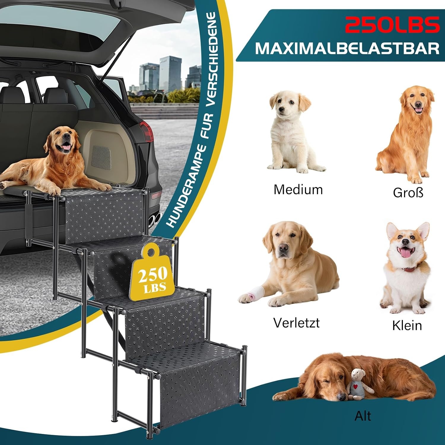 OUUTMEE Hondenautotrap met 4 niveaus, inklapbare hondenhelling met antislip oppervlak, hondentrap voor kleine en grote honden tot 80 kg, voor auto's en SUV's