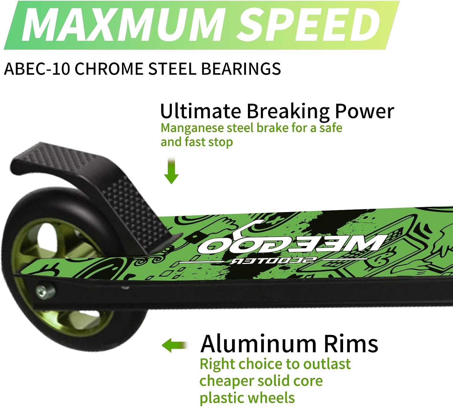 Stuntstep Groen - ABEC-10 Lagers | 100 kg | Lichtgewicht