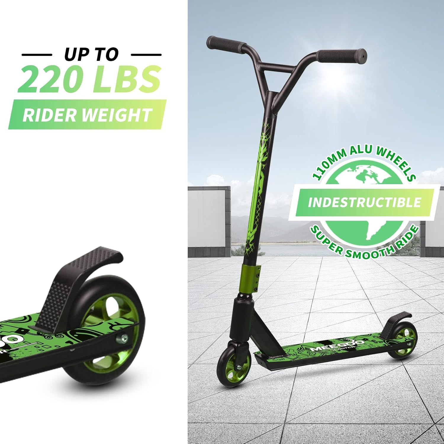 Stuntstep Groen - ABEC-10 Lagers | 100 kg | Lichtgewicht