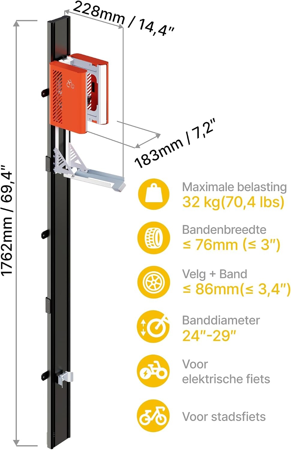 Ruimtebesparende Fietslift Oranje - Max. 32kg | 35% Korting