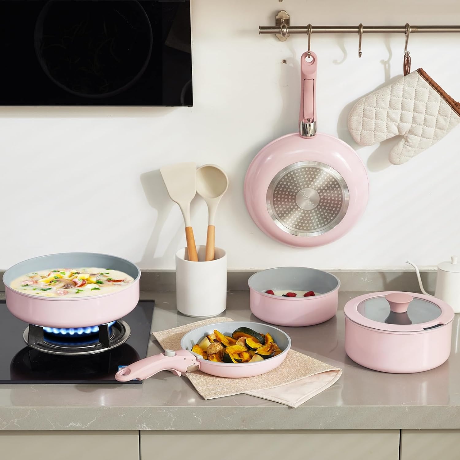 9-delige Keramische Pannenset - Roze | 34% Korting