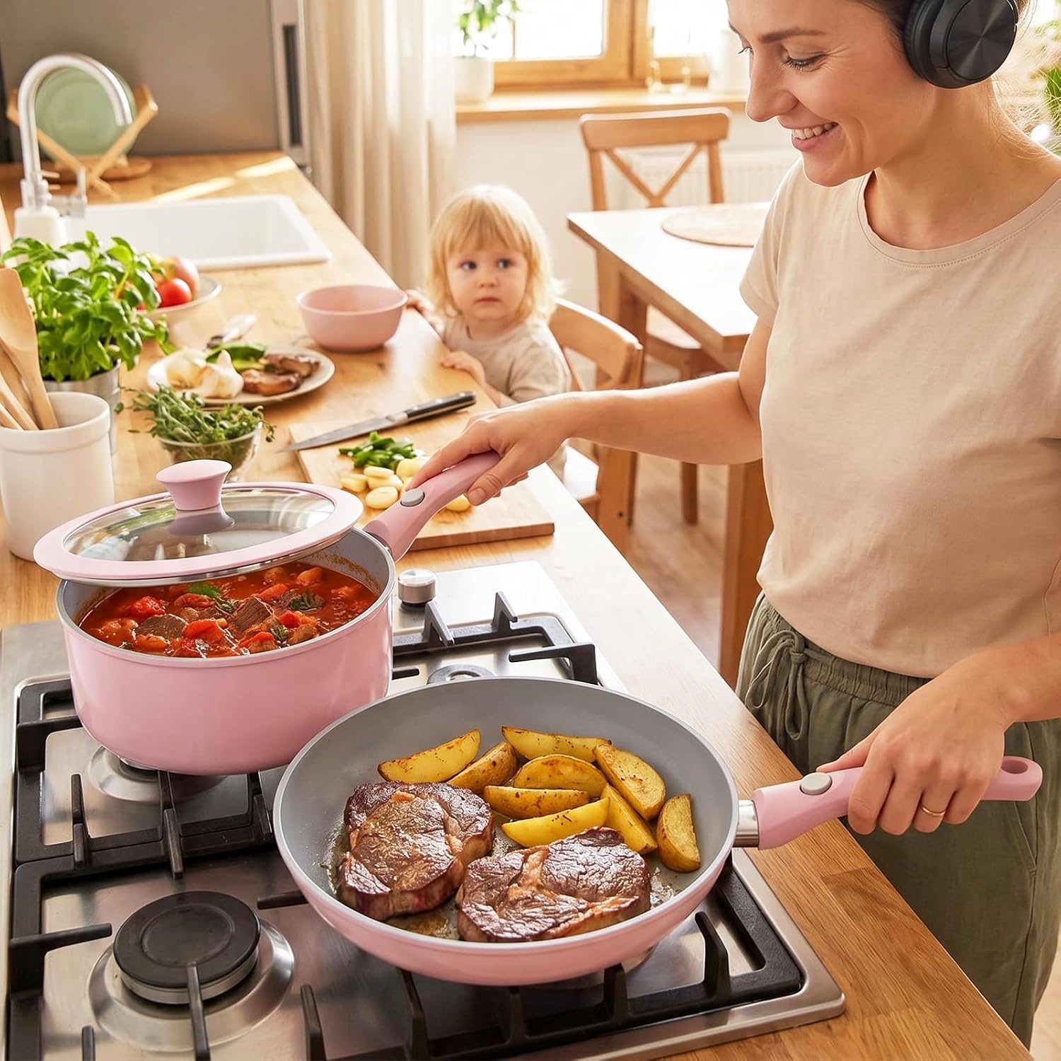 9-delige Keramische Pannenset - Roze | 34% Korting