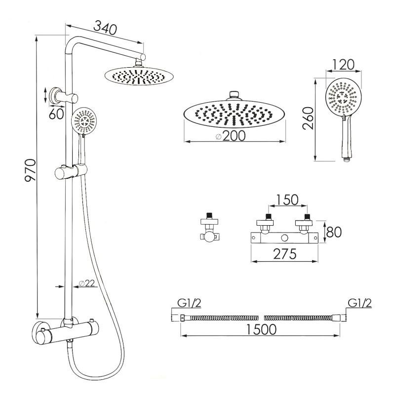 Regendoucheset Thermostaatkraan Zwart 20cm Met Korting