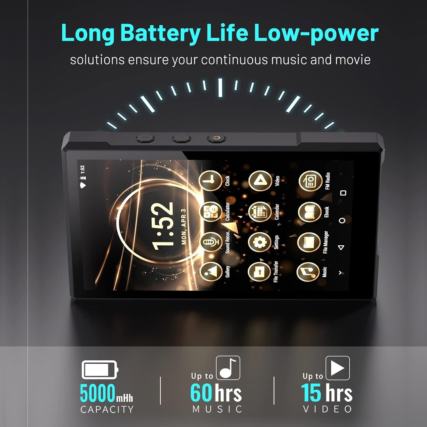 3 + 96 GB MP3-Speler met Bluetooth, Ondersteunt APK Gedownload, 5000 mAh Batterij Vooraf Geïnstalleerd Spotify, Audible en 5,0 inch 720,1280 IPS, MTK8 Core, CNC Aluminium Behuizing tot 1TB