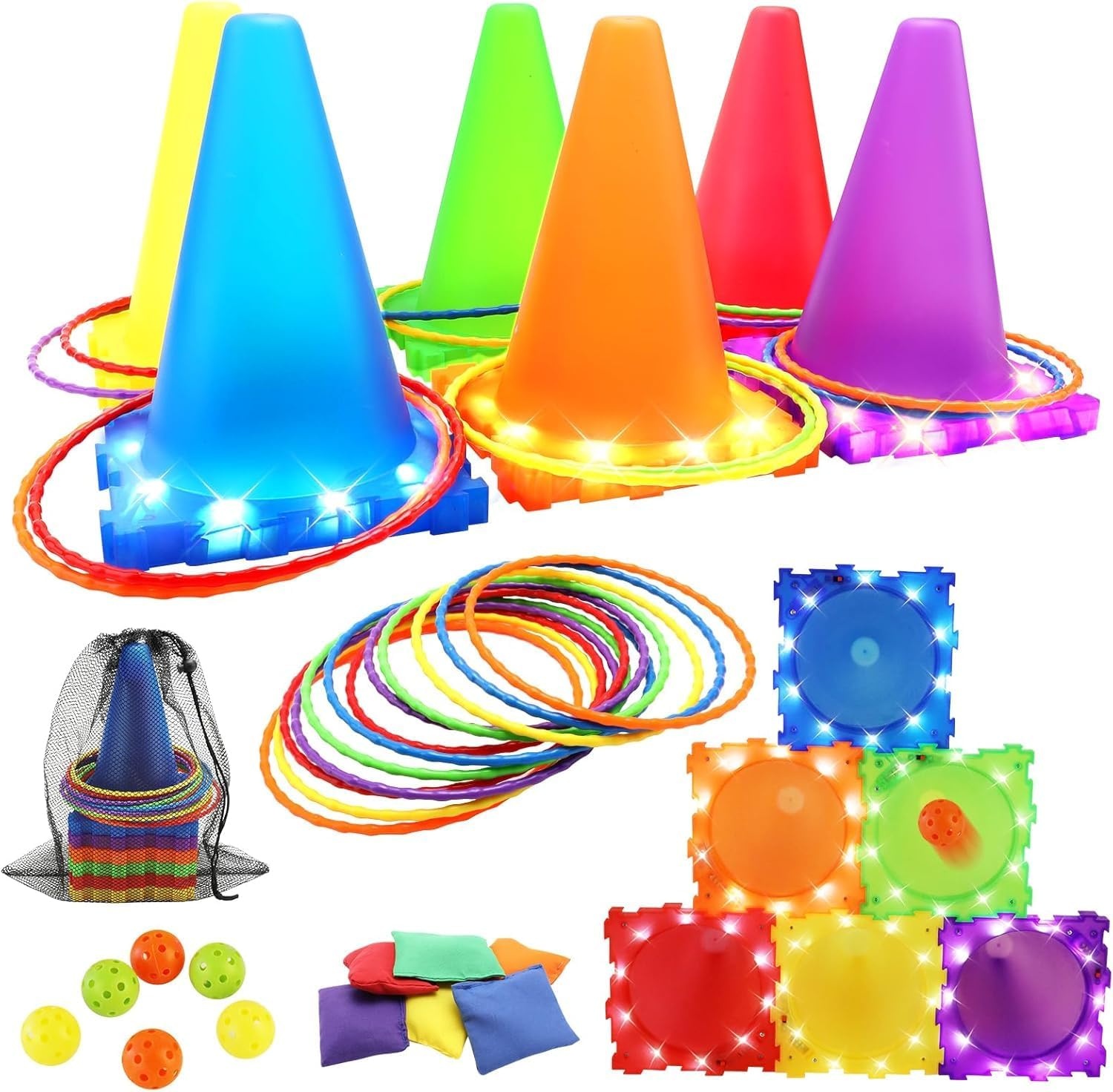 VATOS Lichtgevende werpspellen Buitenspellen Tuinspellen voor kinderen van 3, 4, 5 en 6 jaar, Bal & Ring & Zitzak werpspelset, Werpspel Tuinspeelgoed Spellen voor buiten Buitenspellen Speelgoed voor k