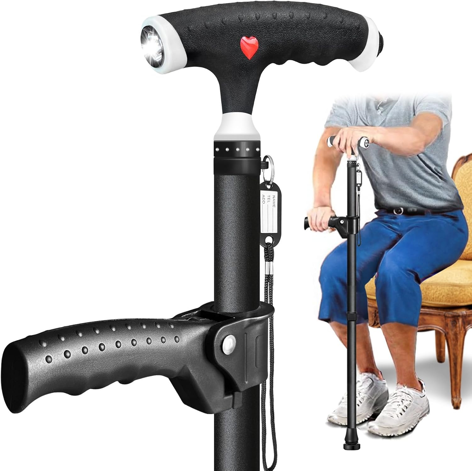 Verstelbare wandelstok voor heren en dames, dubbele handgreep, verstelbaar, wandelstok met ledlicht, wandelstokken voor senioren en mensen met verschillende soorten artritis