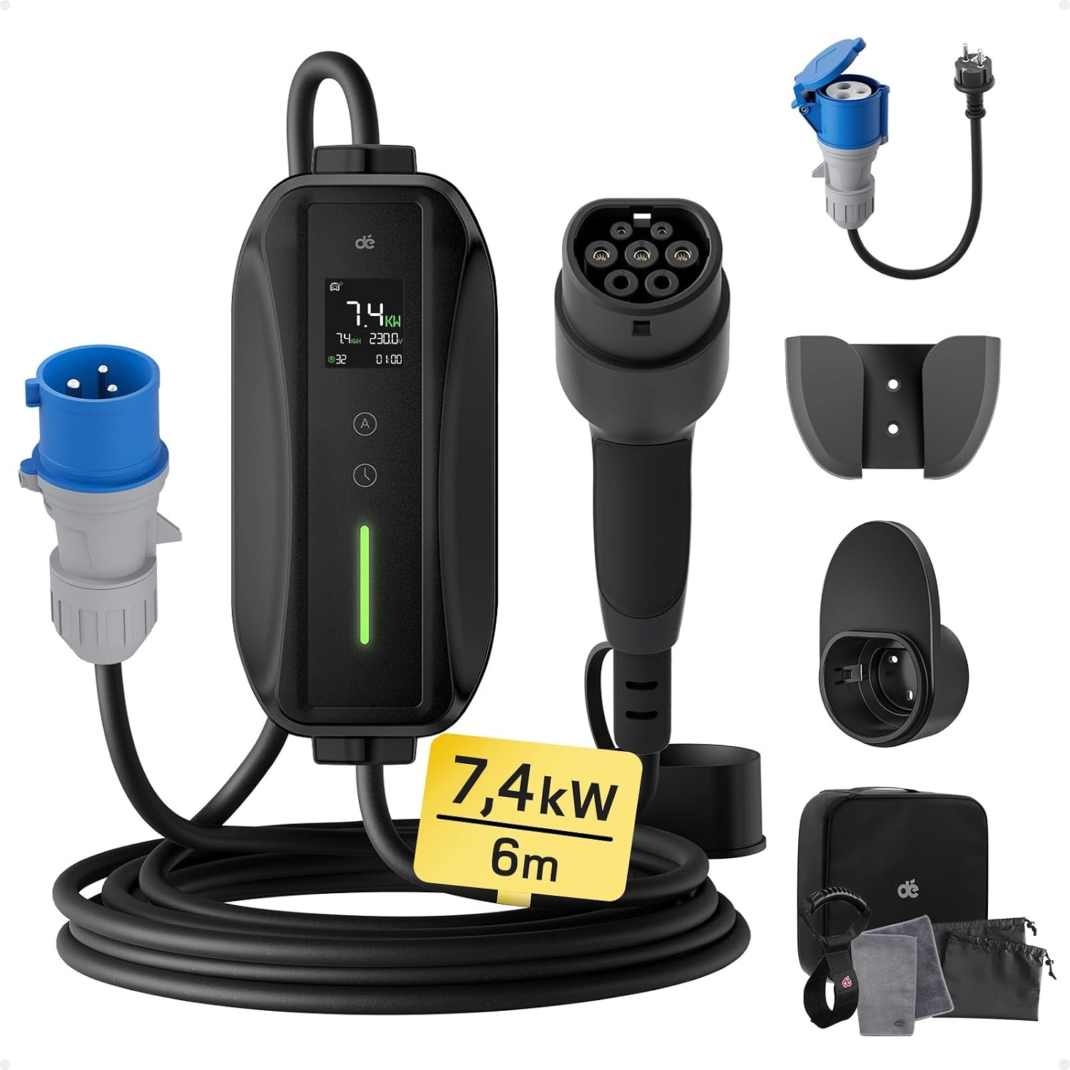 dé EV Oplader Type 2 7,4kW CEE [1-Fase| 10m| 6-32A] met Schuko-adapter, EV Lader CEE 7,4kW, met Digitale LCD-Bediening Compatibel met Model Y/3, 500e, e-208 en andere EV/PHEV - Maat 10m
