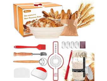Daity Zuurdesemstarterkit, 11-delige broodbakapparatuur, 28 cm opvouwbare ovale broodbakmand, handgebakken broodbakset voor beginners (Ovale siliconen garkorf)