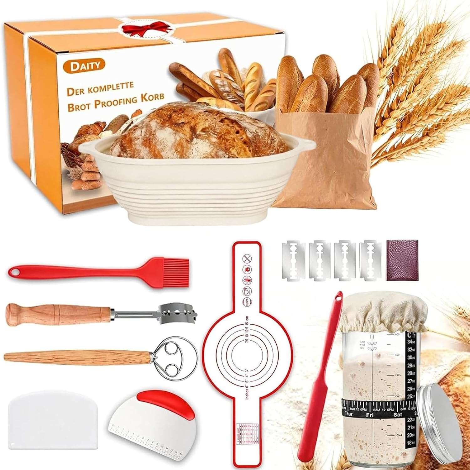 Daity Zuurdesemstarterkit, 11-delige broodbakapparatuur, 28 cm opvouwbare ovale broodbakmand, handgebakken broodbakset voor beginners (Ovale siliconen garkorf)