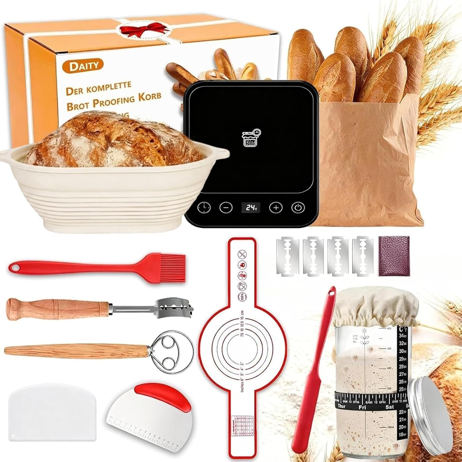 Daity Zuurdesemstarterkit, 11-delige broodbakapparatuur, 28 cm opvouwbare ovale broodbakmand, handgebakken broodbakset voor beginners (Ovale siliconen garkorf)