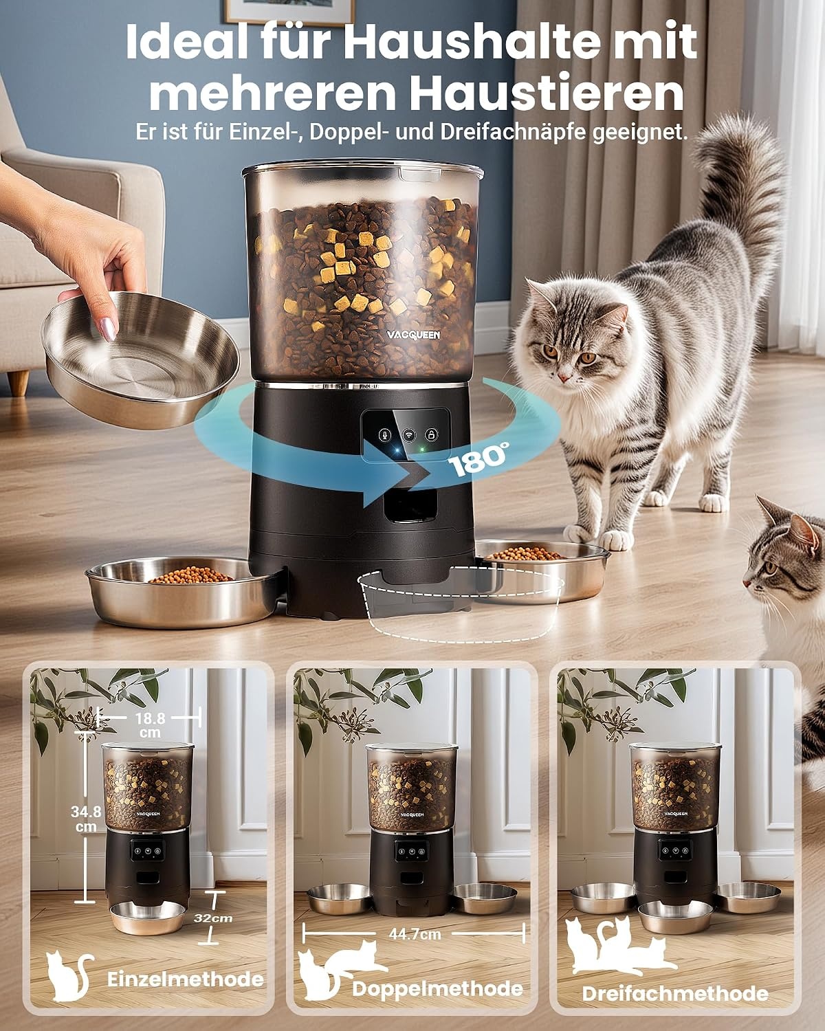 Kattenvoerautomaat 6L - 3 Bakken | Instelbaar | Wit | 34% Korting