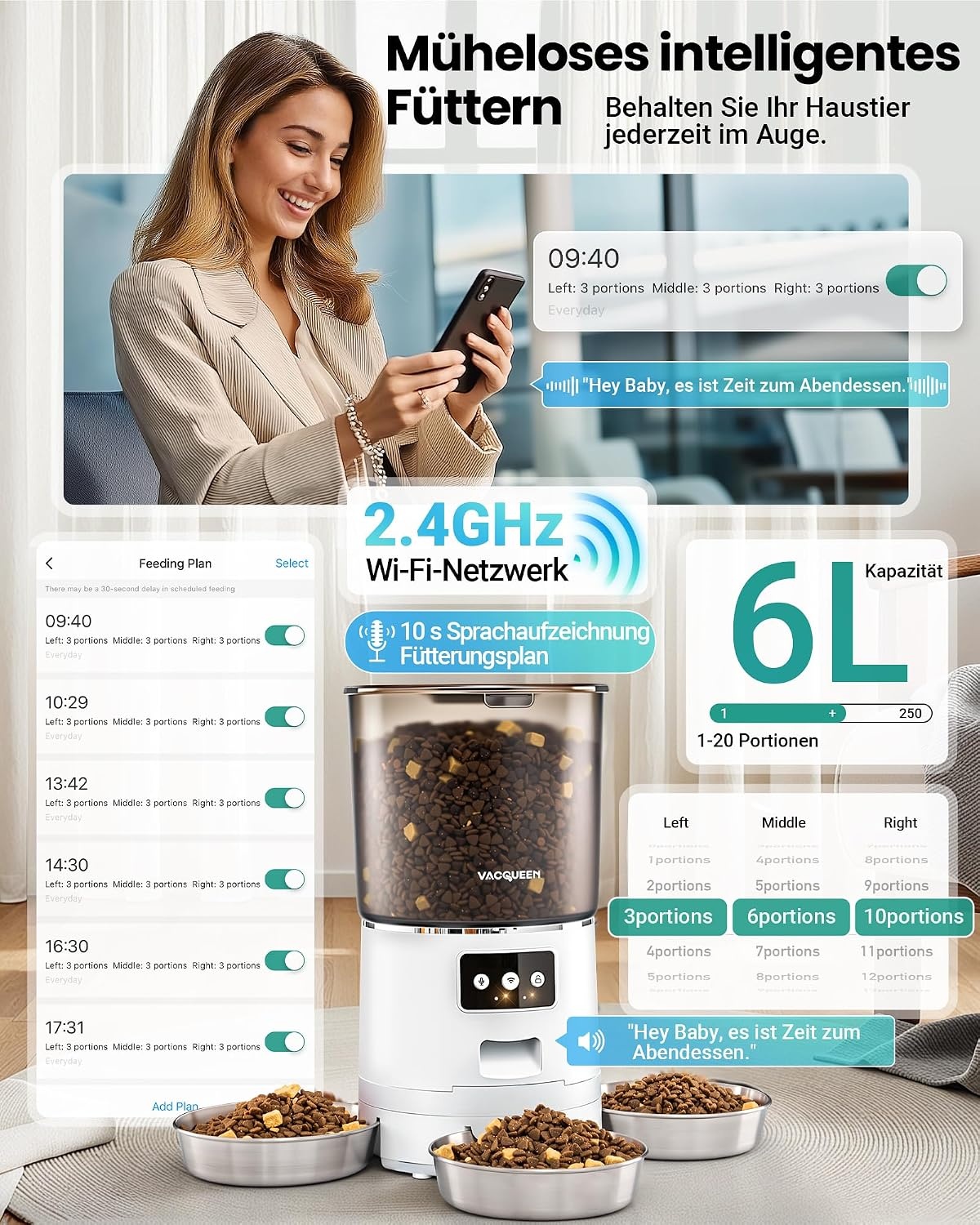 Kattenvoerautomaat 6L - 3 Bakken | Instelbaar | Wit | 34% Korting