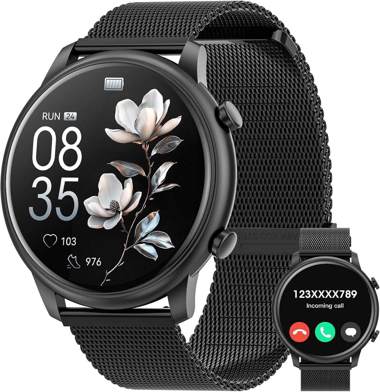Dames Smartwatch Zwart | 1.39" HD Scherm | Bluetooth Bellen, Hartslag, SpO2 | 140+ Sportmodi
