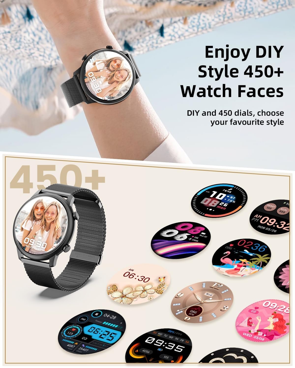 Dames Smartwatch Zwart | 1.39" HD Scherm | Bluetooth Bellen, Hartslag, SpO2 | 140+ Sportmodi