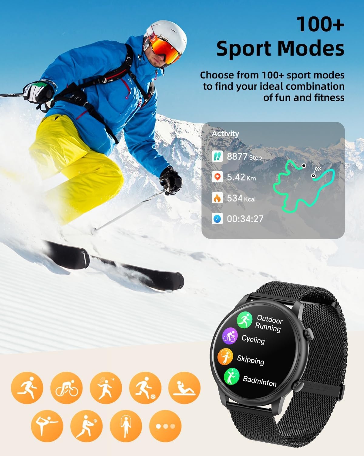 Dames Smartwatch Zwart | 1.39" HD Scherm | Bluetooth Bellen, Hartslag, SpO2 | 140+ Sportmodi