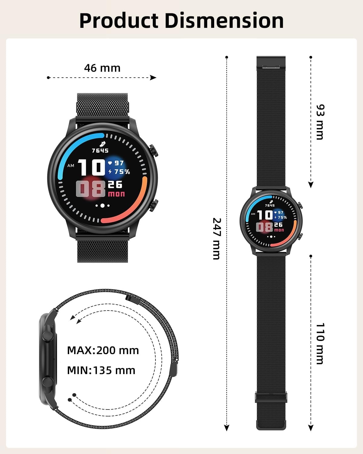Dames Smartwatch Zwart | 1.39" HD Scherm | Bluetooth Bellen, Hartslag, SpO2 | 140+ Sportmodi
