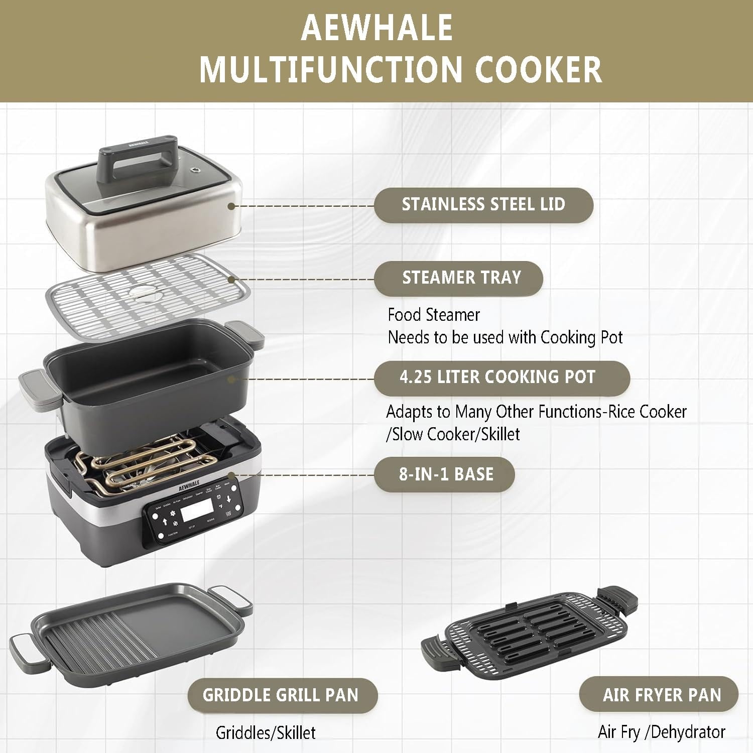 AEWHALE 8-in-1 Multicooker met Airfryer & Grill - Zilver - 34% Korting