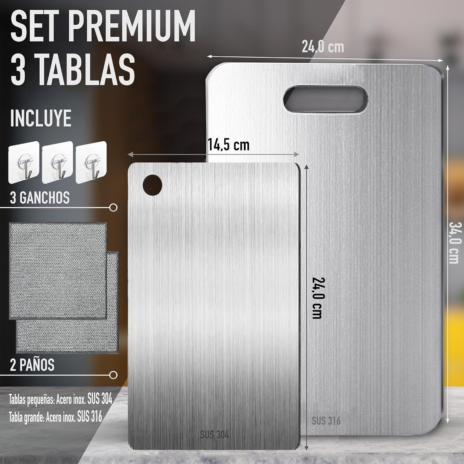 3-delige Titanium Snijplank Set - Antibacterieel & Vaatwasmachinebestendig