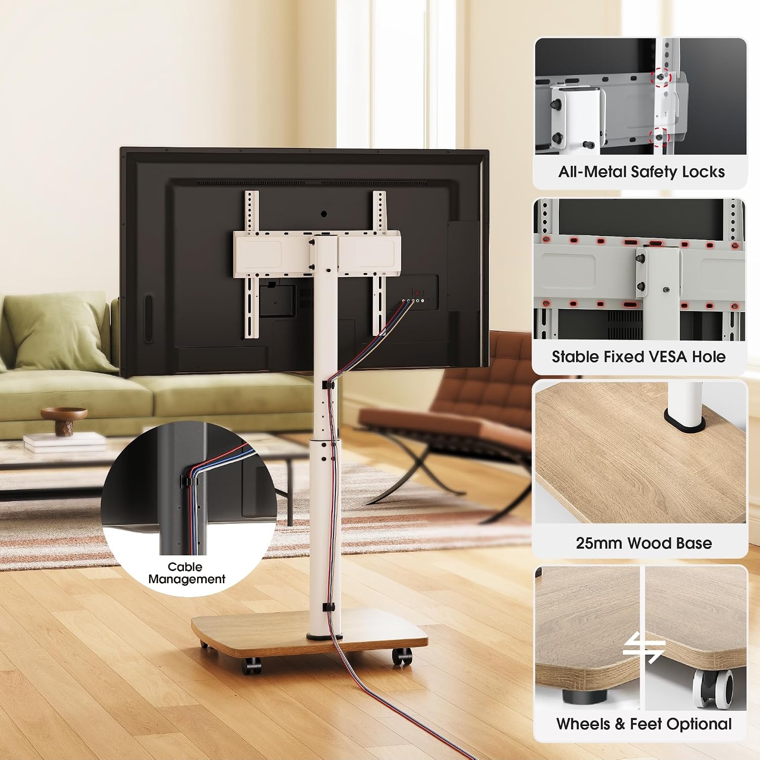 Verrijdbare TV-standaard met Houten Voet - 32-65" - 34% Korting!