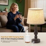 GyroVu Bedlampjes Set van 2 - Touch Dimbaar met USB-C+A Oplader - Bruine Voet en Beige Kap