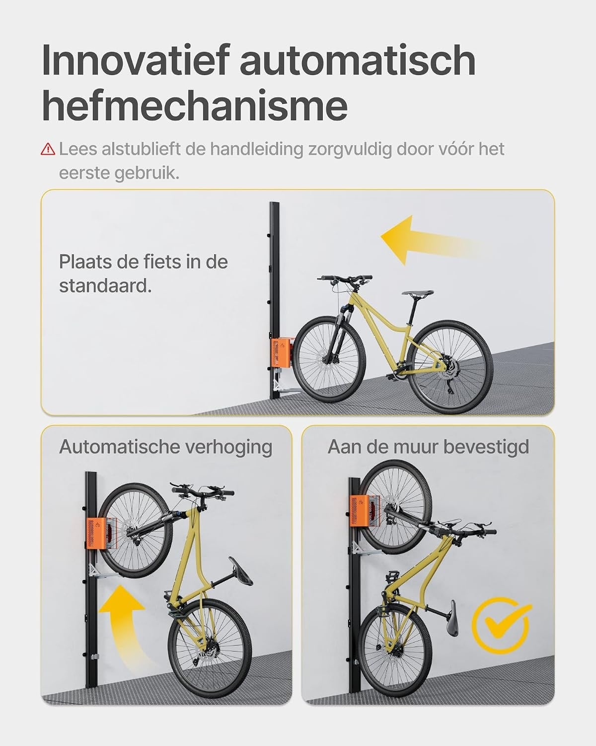 monTEK Automatic Bicycle Lift, Vertical Wall Mount for Heavy Bikes (up to 32kg), Space Saving Wall Bike Holder for Garage, Bicycle Suspension System for MTB, Road Bike E-Bikes, Orange