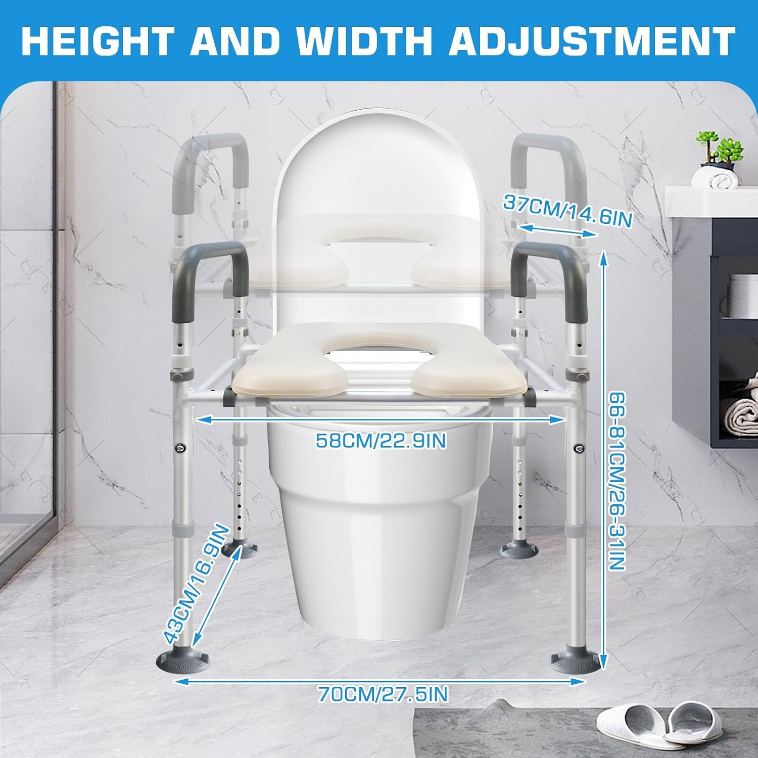 Toilet Frame for Disabled and Elderly, Safety Rails, Freestanding, Toilet Support Frame for Disabled Persons, Height and Width Adjustable Toilet Rails, Toilet Border, Safety Frame, 180 kg