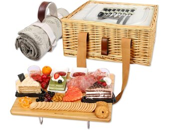 Hap Tim Wicker Picknickmand – dubbele picknicktafel met mini-picknicktafel – opvouwbare wijnnis en grote geïsoleerde koeltas, dubbel servies, cadeau voor koppels (y2307-2 - cm)