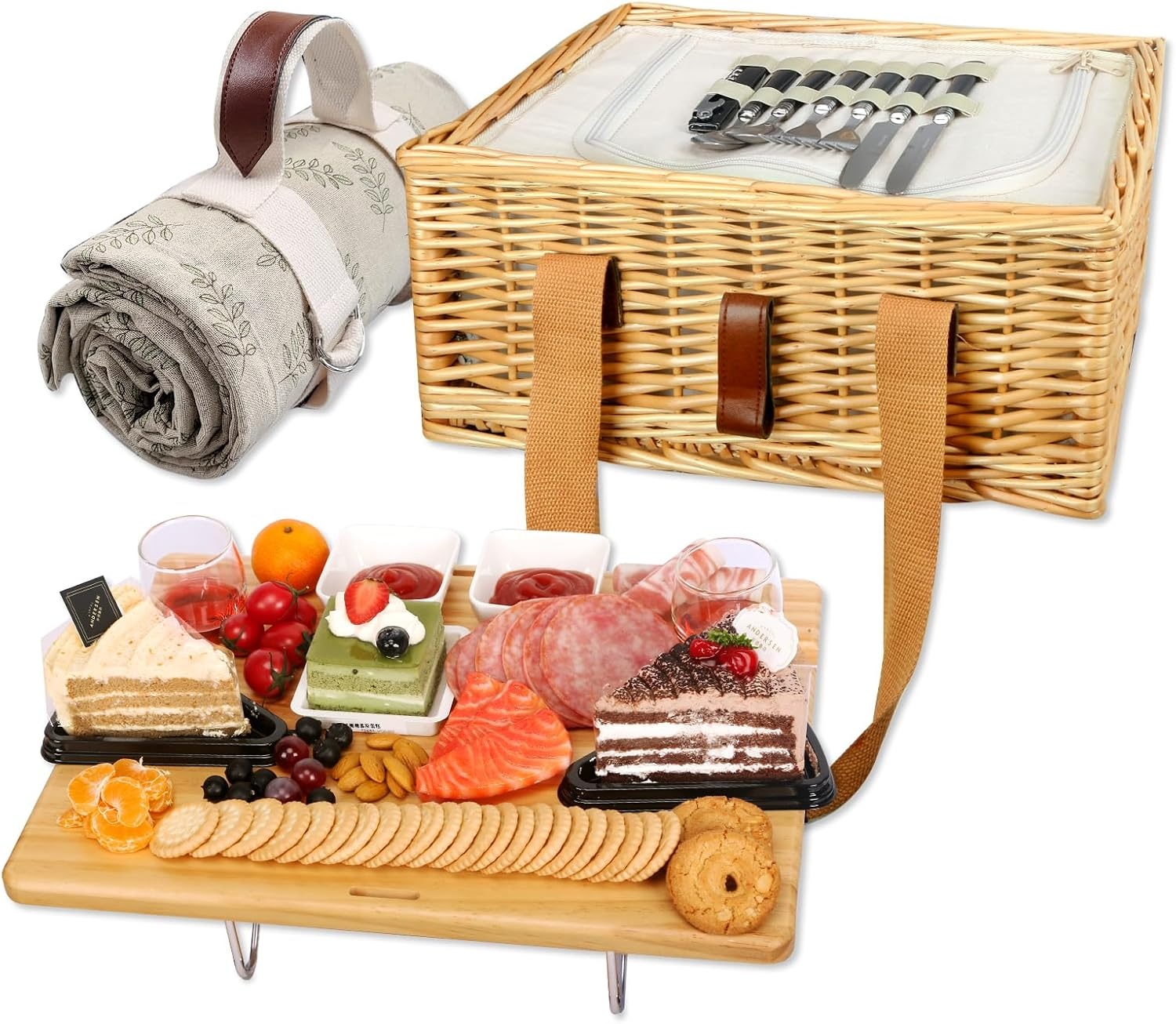 Hap Tim Wicker Picknickmand – dubbele picknicktafel met mini-picknicktafel – opvouwbare wijnnis en grote geïsoleerde koeltas, dubbel servies, cadeau voor koppels (y2307-2 - cm)