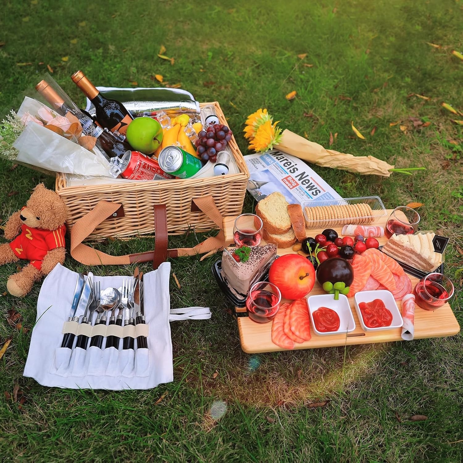 Hap Tim Wicker Picknickmand – dubbele picknicktafel met mini-picknicktafel – opvouwbare wijnnis en grote geïsoleerde koeltas, dubbel servies, cadeau voor koppels (y2307-2 - cm)