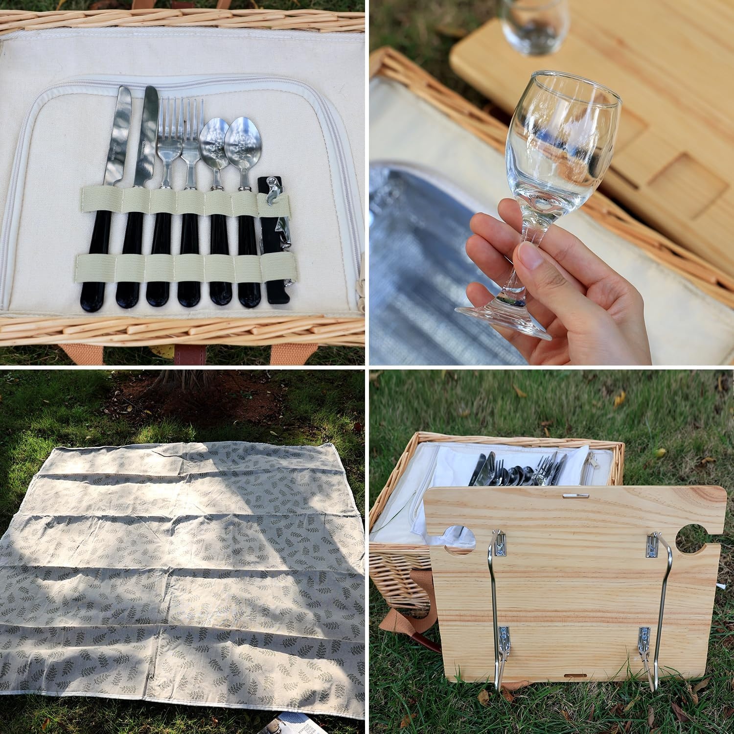 Hap Tim Wicker Picknickmand – dubbele picknicktafel met mini-picknicktafel – opvouwbare wijnnis en grote geïsoleerde koeltas, dubbel servies, cadeau voor koppels (y2307-2 - cm)