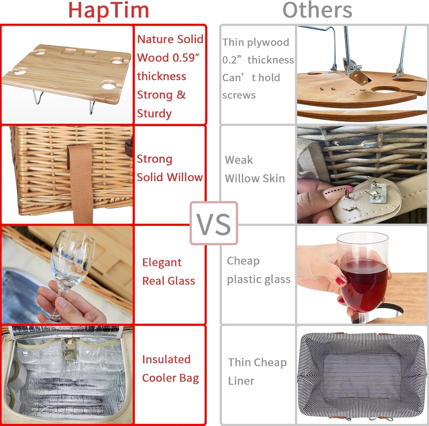 Hap Tim Wicker Picknickmand – dubbele picknicktafel met mini-picknicktafel – opvouwbare wijnnis en grote geïsoleerde koeltas, dubbel servies, cadeau voor koppels (y2307-2 - cm)