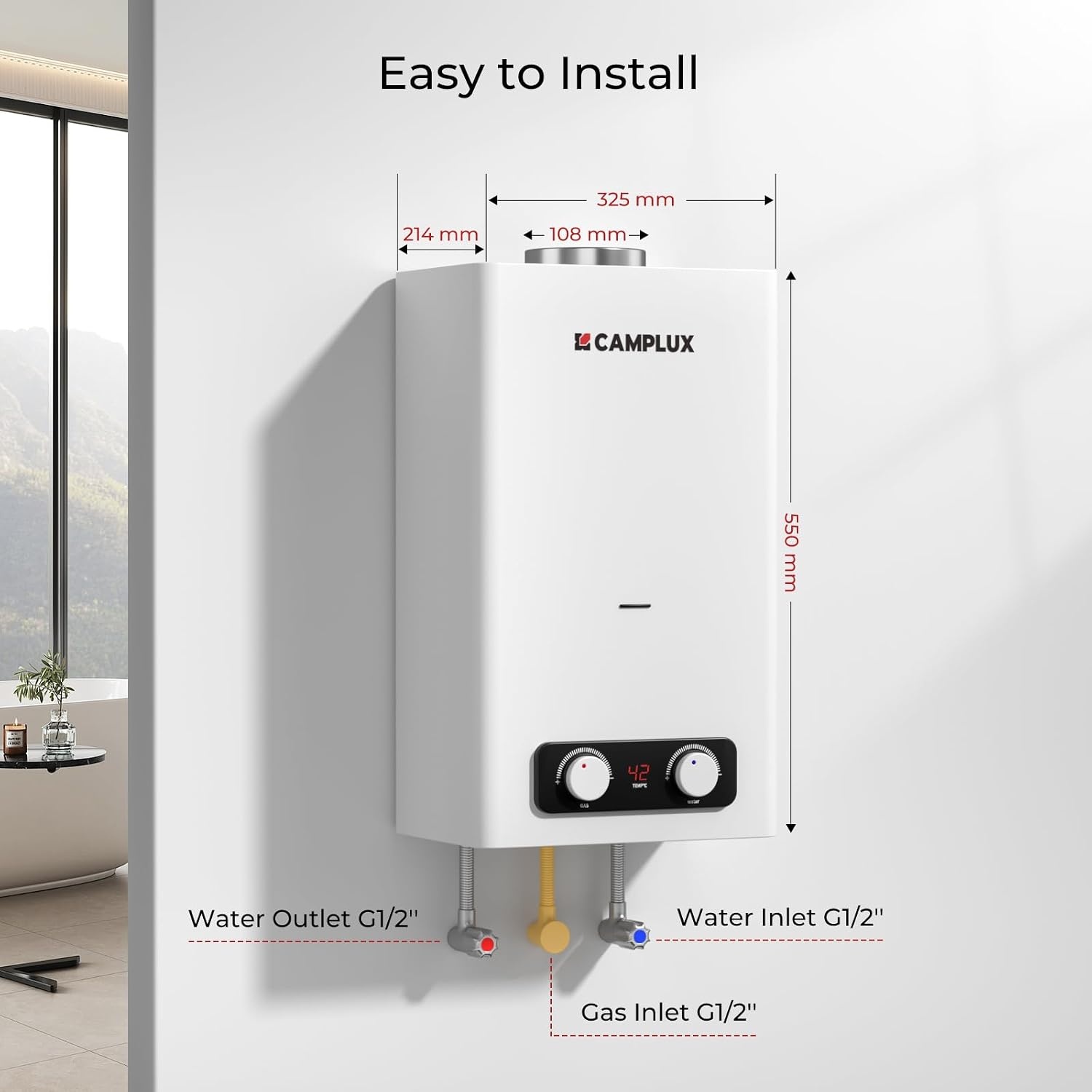 CAMPLUX BY264 10 Liter Gas Boiler Indoor, Butaan (28-30 mbar)/ Propaan (37 mbar), 20kW, voor Keuken-/balkonmontage