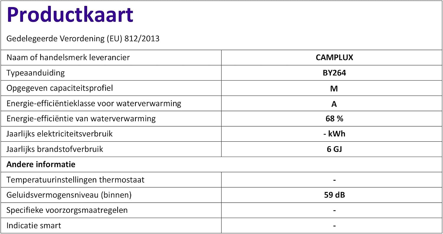 CAMPLUX BY264 10 Liter Gas Boiler Indoor, Butaan (28-30 mbar)/ Propaan (37 mbar), 20kW, voor Keuken-/balkonmontage