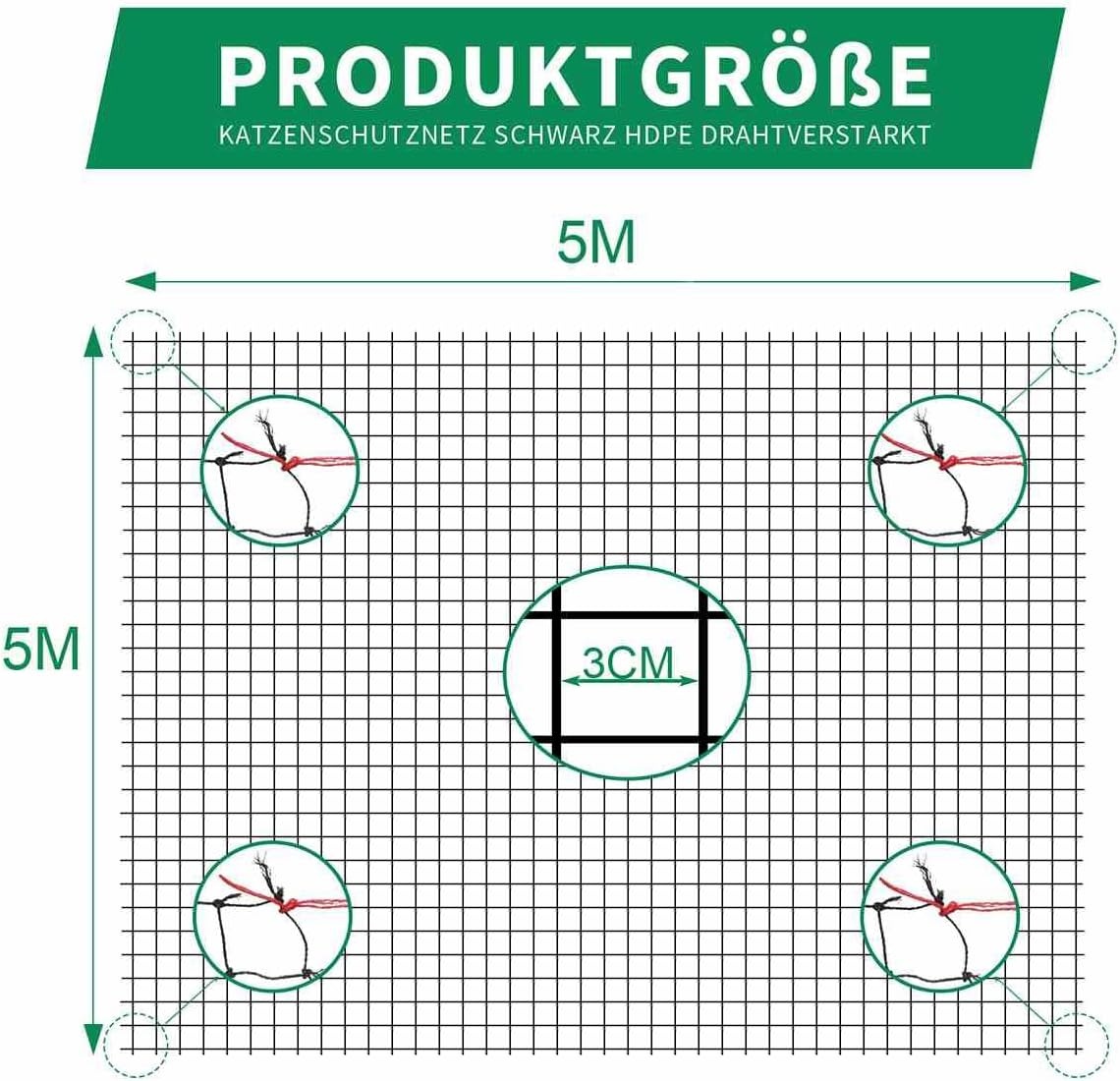 Kattennet voor balkon, 5 x 5 m, draadversterkt, robuust, uv-bestendig en weerbestendig, kattenbeschermingsnet voor balkon en ramen (zwart)